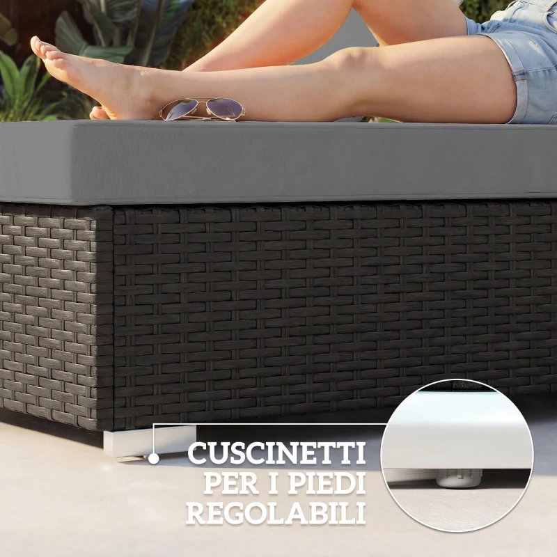 Outsunny Set 2 Sdraio da Giardino in Rattan con Tavolino Laterale e Schienale Regolabile, 184x60x22 cm, Grigio Scuro