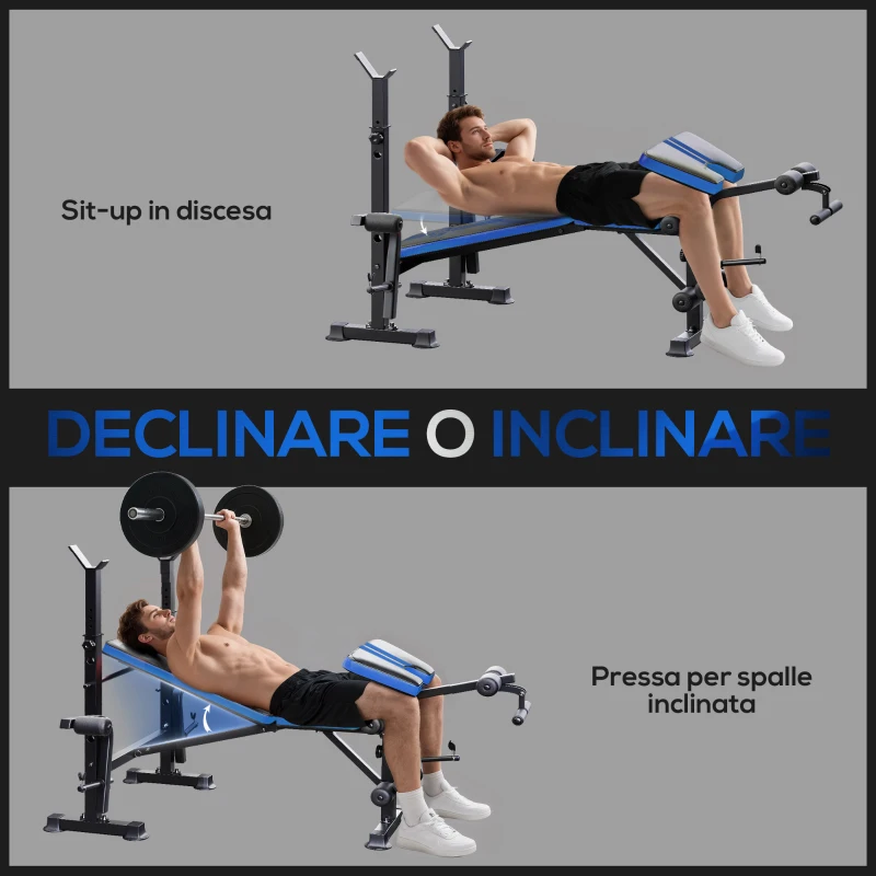 HOMCOM Panca Multiuso con Supporto Bilanciere e Schienale Regolabile, in Acciaio e Plastica, 175x139x127 cm, Nero e Blu