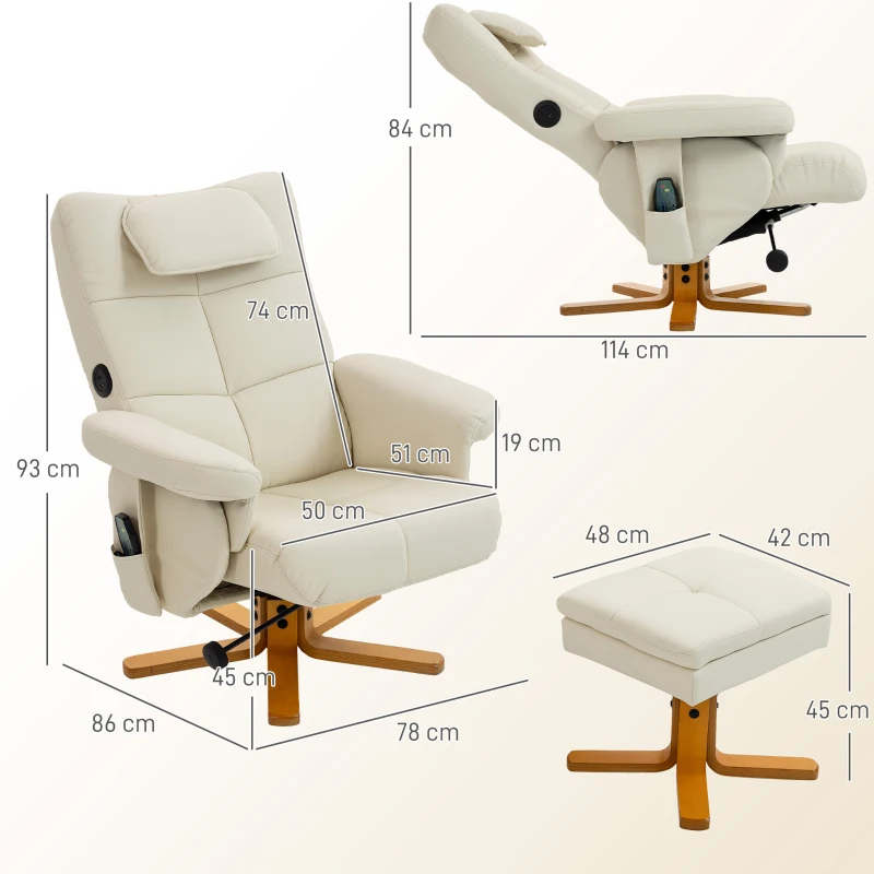 HOMCOM Sillón de masaje con reposapiés, respaldo reclinable hasta 135°, baúl de almacenamiento, mando a distancia