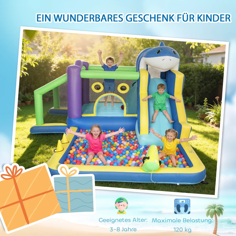 AIYAPLAY 8-in-1 aufblasbar Hüpfburg mit Hai-Design Gebläse Rutsche Planschbecken Trampolin für 3–8 Jahre 405x345x235cm Mehrfarbig