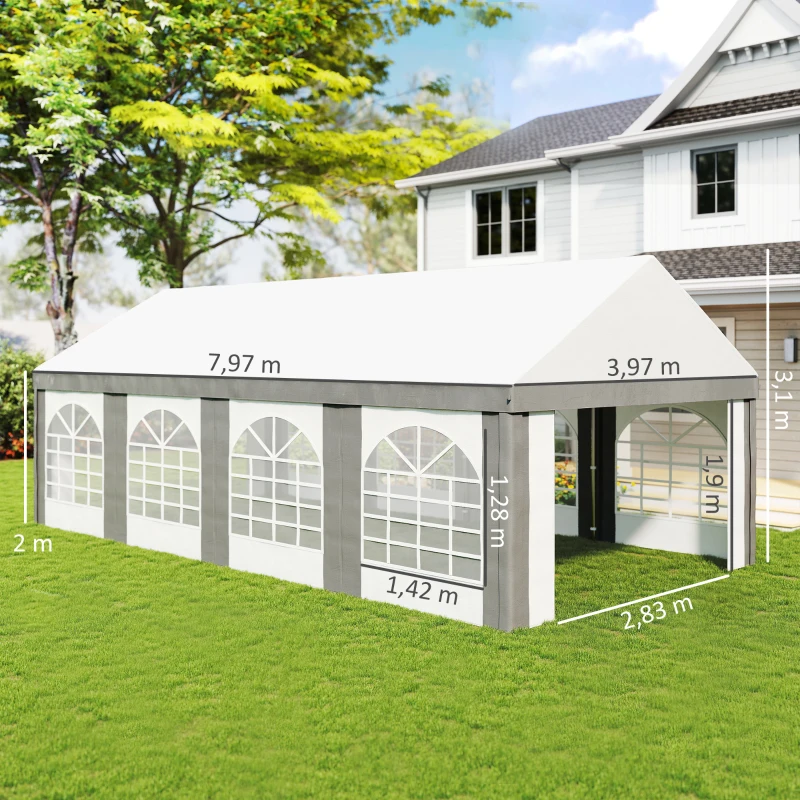 Outsunny Tenda para Festa 4x8 m Tenda de Jardim com Paredes Removíveis Portas e Janelas Anti-UV para Casamento e Eventos Cinzento