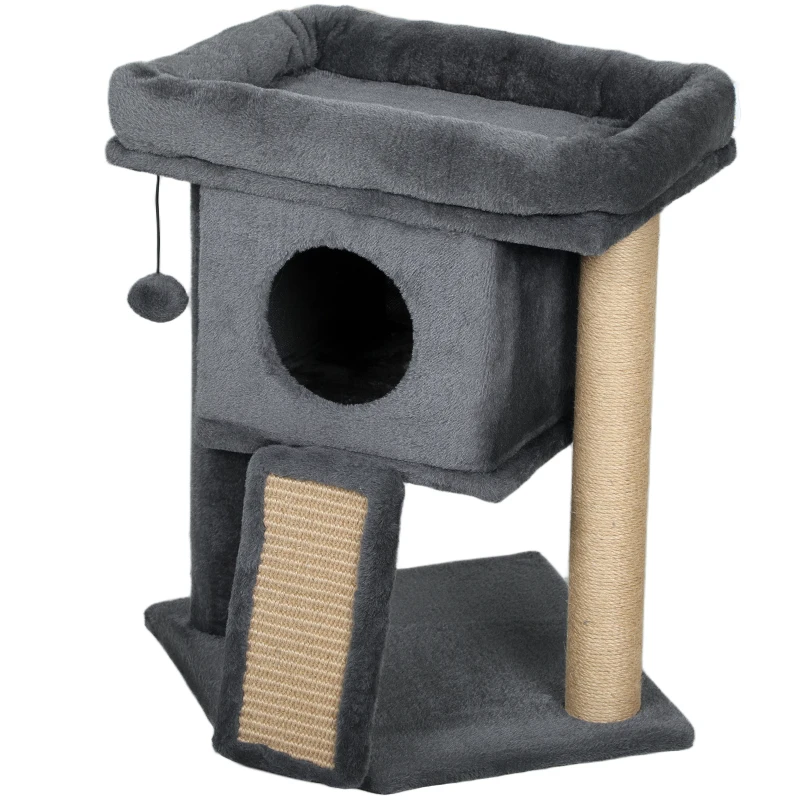 PawHut Arranhador para Gatos Pequenos 57 cm com Rampa para Arranhar Caverna Cama e Bola Suspensa 40x40x57 cm Cinzento Escuro