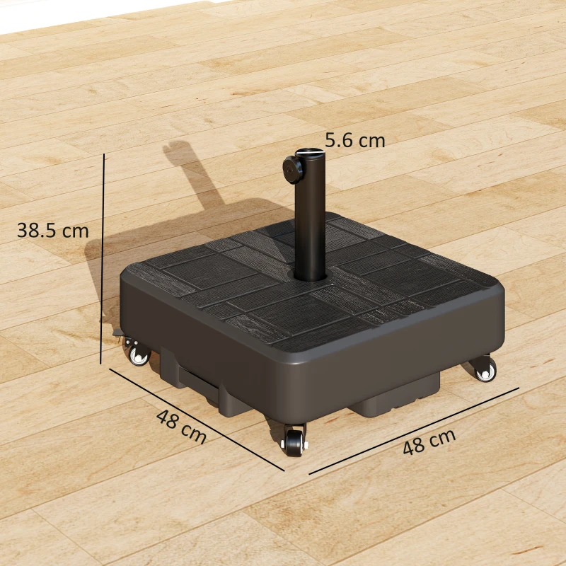 Outsunny Piede per Ombrellone Quadrato, Base Esterna con Ruote Riempibile fino a 35kg di Sabbia o 28L d'Acqua, 48x48x38,5 cm, Nero
