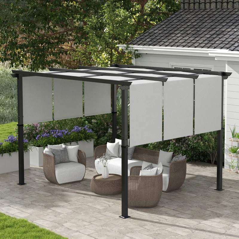 Outsunny Pergola avec 3 toiles coulissantes 3,5L x 3l x 2,35H m structure métal époxy anticorrosion noir toile polyester gris