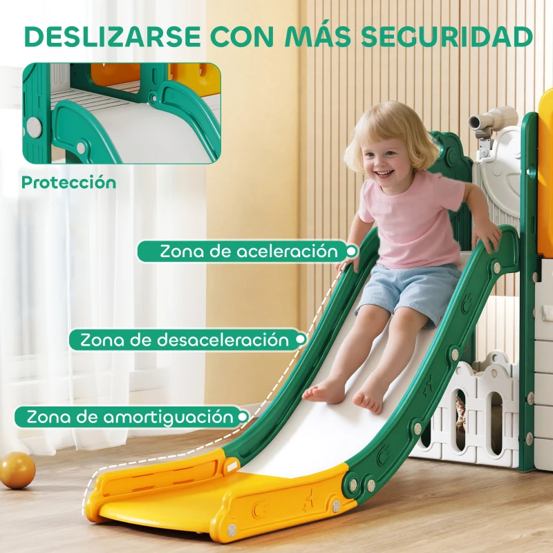 AIYAPLAY Tobogán Infantil 7 en 1 con Caseta Escalera Aro de Baloncesto Túnel Pizarra Telescopio para Interior Amarillo y Verde