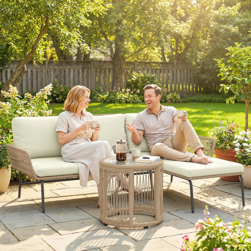 Outsunny Conjunto de Móveis de Jardim Exterior em Ratã com Sofá de 2 Lugares Chaise Longue Almofadas e Mesa Creme