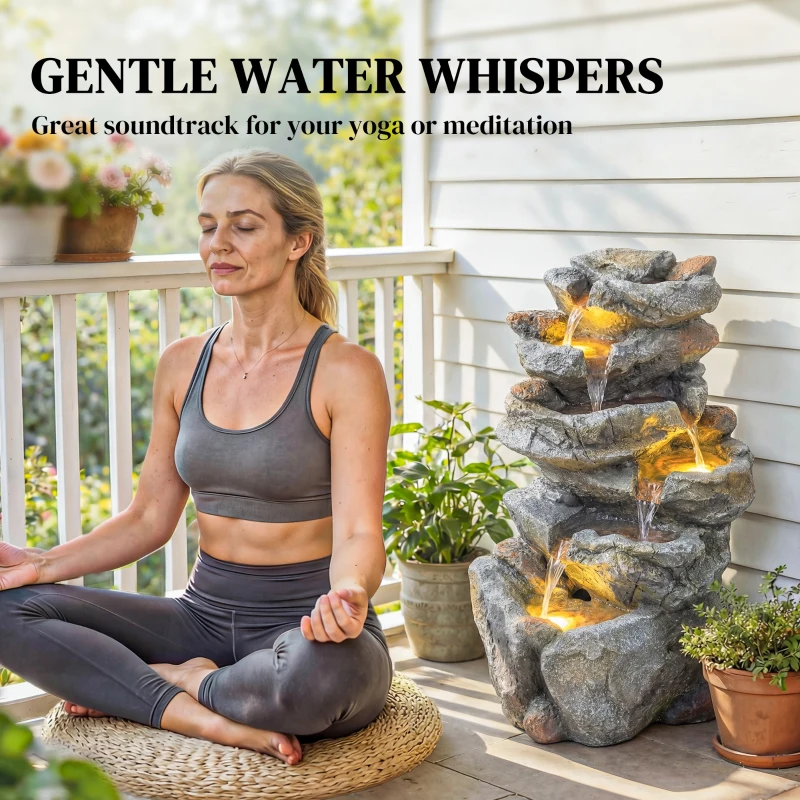 Outsunny Outdoor Water Fountain with 6-Tier Rock Style, Cascading Waterfall Feature with LED Lights, Adjustable Flow, Grey