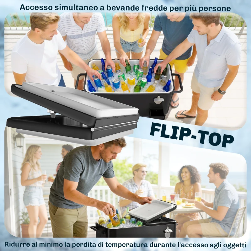 Outsunny Carrello Frigo 76L con Ripiano, Apribottiglie e Raccoglitore Tappi, in Plastica e Acciaio, 91x39x84.5 cm, Nero