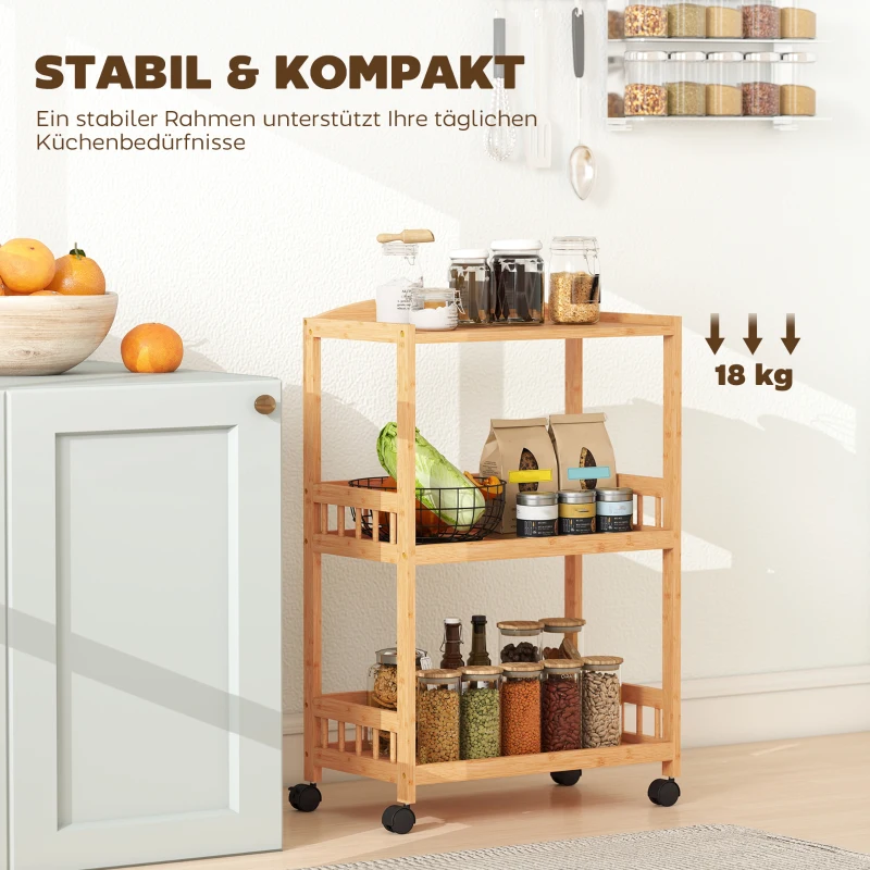 HOMCOM Carrello cucina con 3 ripiani e ruote, Legno naturale