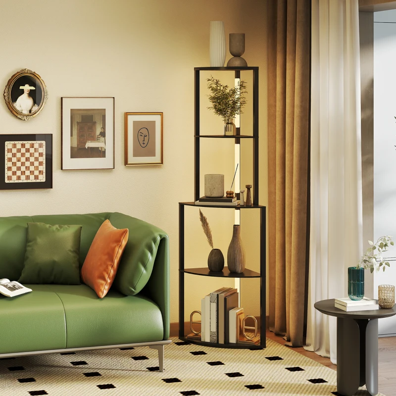 HOMCOM Lámpara de pie para salón, lámpara con estanterías de esquina de 4 niveles, brillo regulable, 55,5 x 39,5 x 163 cm, negro