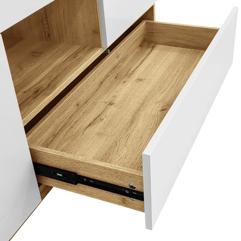 Credenza moderna con illuminazione a LED, vetrina e cassetti, 120x37x76.5 cm, Bianco