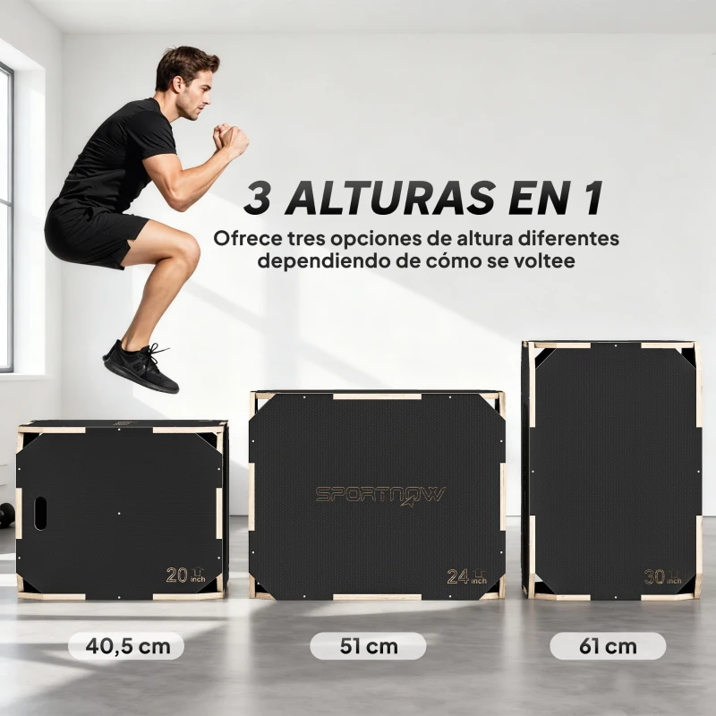 SPORTNOW Cajón Pliométrico de Madera 3 en 1 con 3 Alturas Diferentes Asas sin Esquinas Entrenamiento de Salto 76x61x51 cm Negro