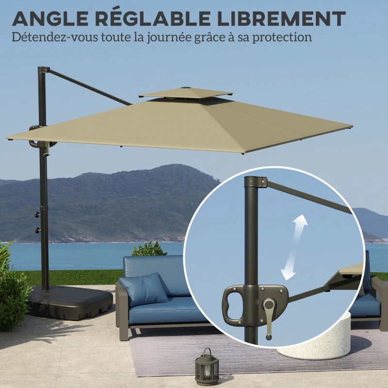 Outsunny Parasol déporté carré 2,5 x 2,5 m, parasol de jardin extérieur avec manivelle, 2 bases incluses, 8 baleines, gris clair
