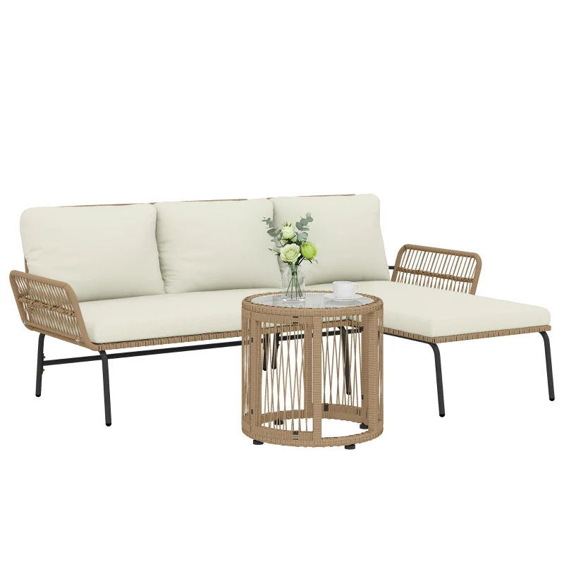 Outsunny Conjunto de Móveis de Jardim Exterior em Ratã com Sofá de 2 Lugares Chaise Longue Almofadas e Mesa Creme