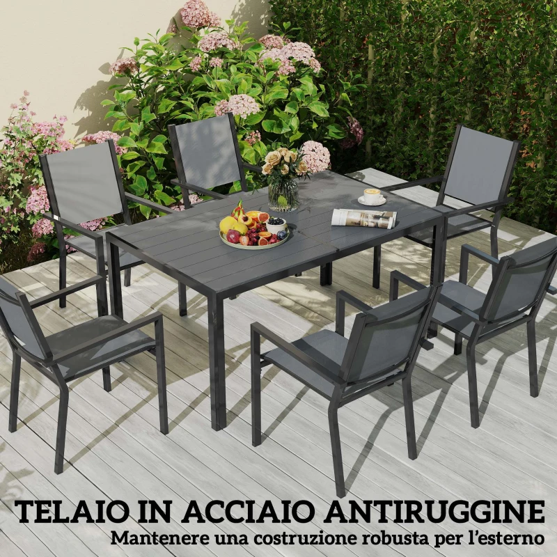 Outsunny Set da Giardino 7pz con Tavolo a Doghe e 6 Sedie Impilabili, in Acciaio e Texteline, Grigio