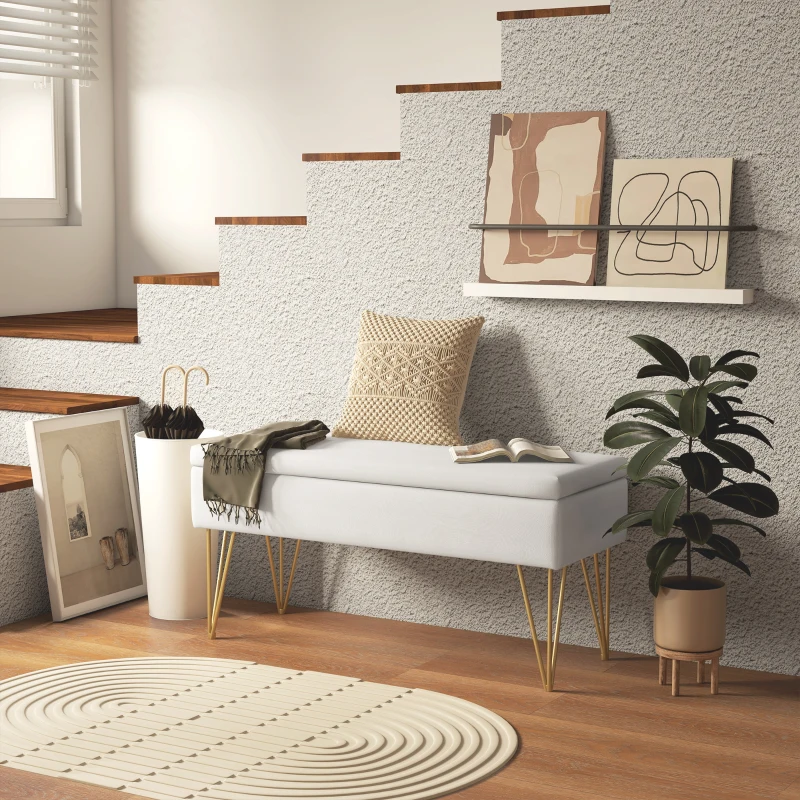 HOMCOM Banc banquette coffre de rangement 2 en 1 en tissu avec pieds épingle en acier doré 100 x 40 x 49 cm crème