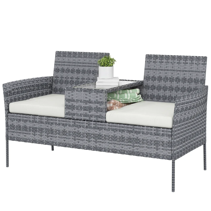 Outsunny Two-Seat Rattan Chair, with Middle Table - Grey