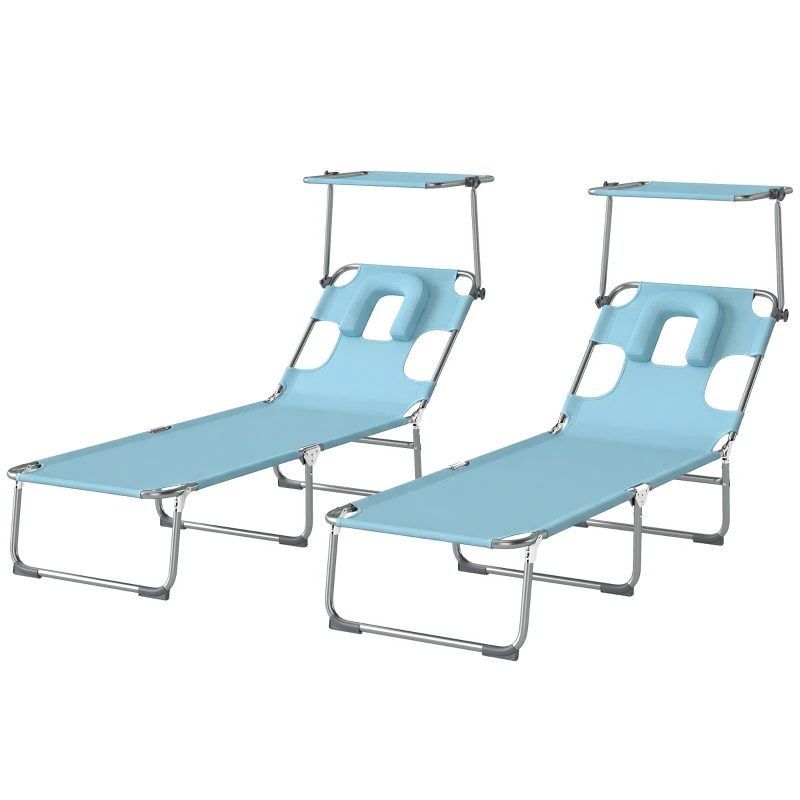 Outsunny Set 2 lettini pieghevoli con foro viso e textilene, Blu