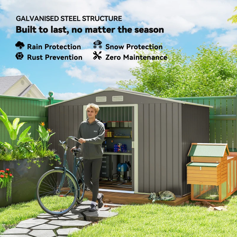 Outsunny 9 x 6FT Outdoor Garden Roofed Metal Storage Shed Tool Box with Foundation Ventilation & Doors Light, Grey(m-4)