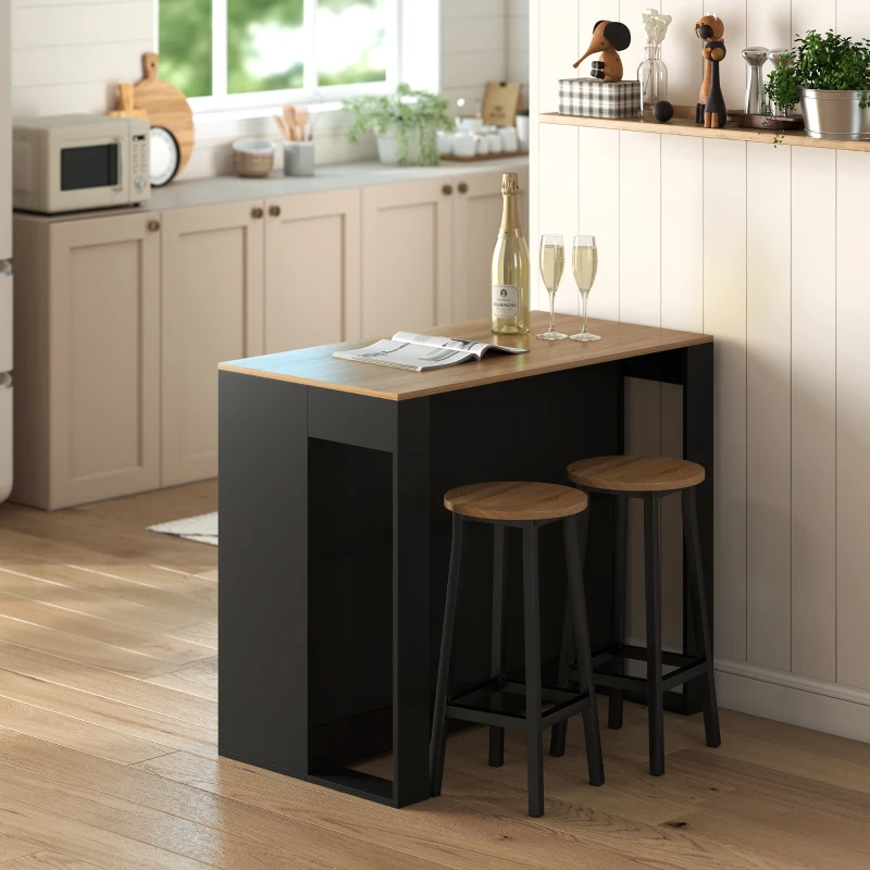 HOMCOM Mostrador Bar Isla de Cocina con 3 Estantes para Salón y Sala de Estar, 113x60x90 cm, Negro y Madera