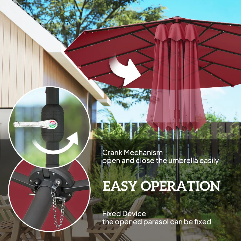 Outsunny 4.4m Double-Sided Sun Umbrella Patio Parasol LED Solar Lights Red