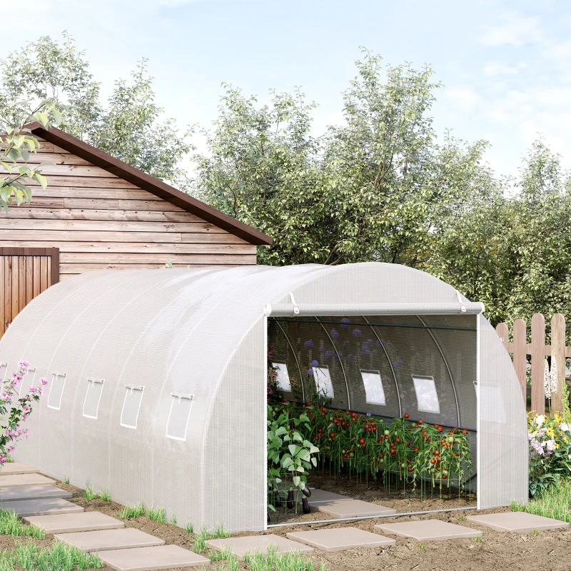 Outsunny Seră tip tunel 6x3x2 m Seră de grădină cu ușă rulabilă 12 ferestre Învelitoare PE 140 g/m² și metal galvanizat pentru culturi plante legume Alb