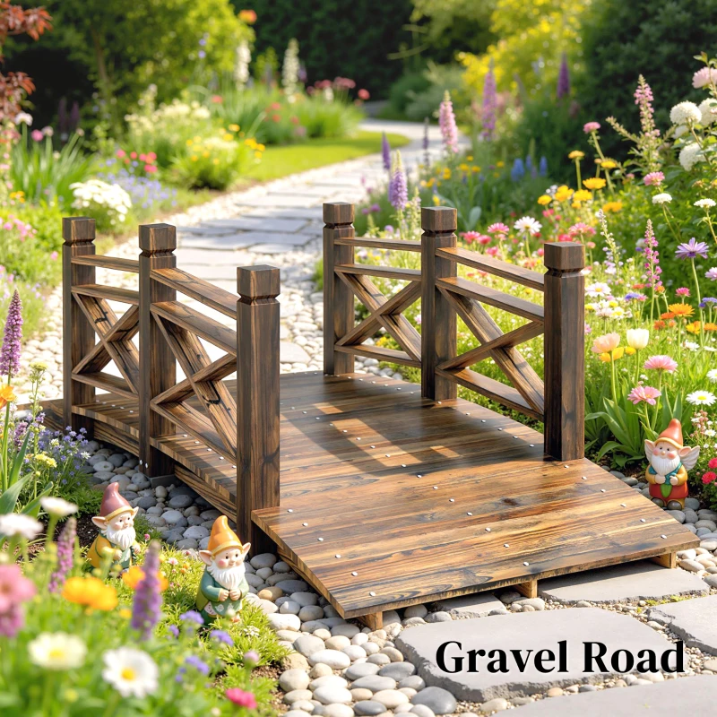 Outsunny Ponte giardino in legno con parapetto, 174x78x57,5 cm, Carbonizzato