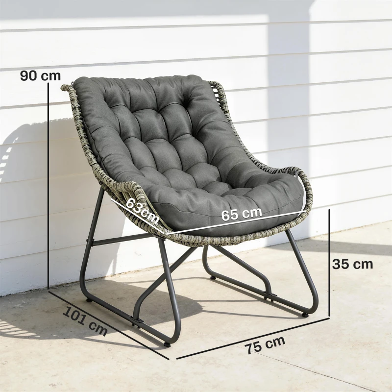 Outsunny Poltrona de rattan com almofada e tiras, poltrona exterior estofada em polyrattan, poltrona até 120 kg