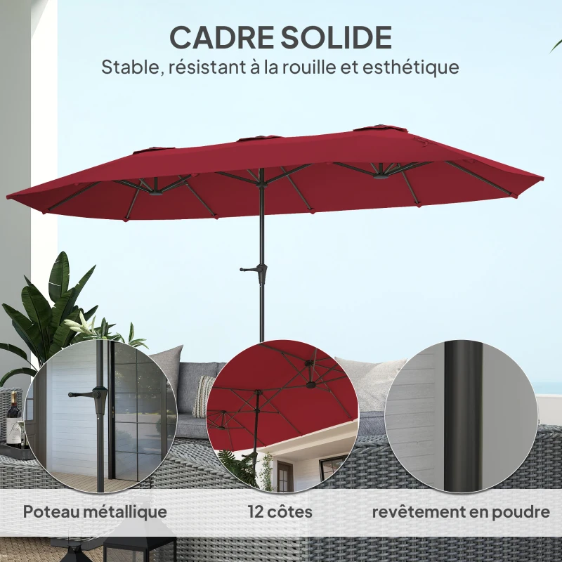 Outsunny Parasol de jardin extérieur, parasol double rectangulaire 4 x 2,2 x 2,3m avec ouverture fermeture manivelle rouge vineux