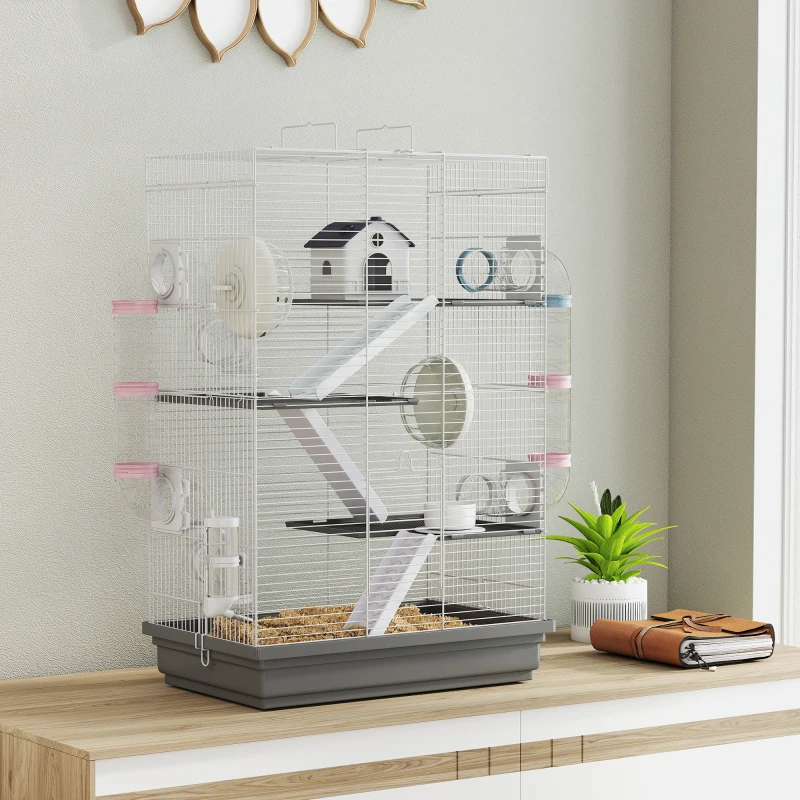 PawHut Gabbia per Criceti a 4 Livelli e 16 Tubi con Casetta, Rampa, e Accessori, in Metallo e Plastica, 47x30x70 cm, Grigio