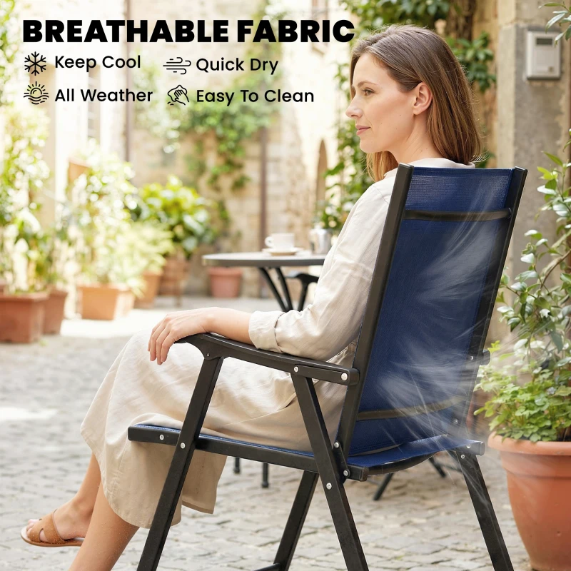 Outsunny Folding Garden Chairs Set of 4, Foldable Garden Dining Chairs with High Back, Armrests, Texteline Seat, Navy Blue