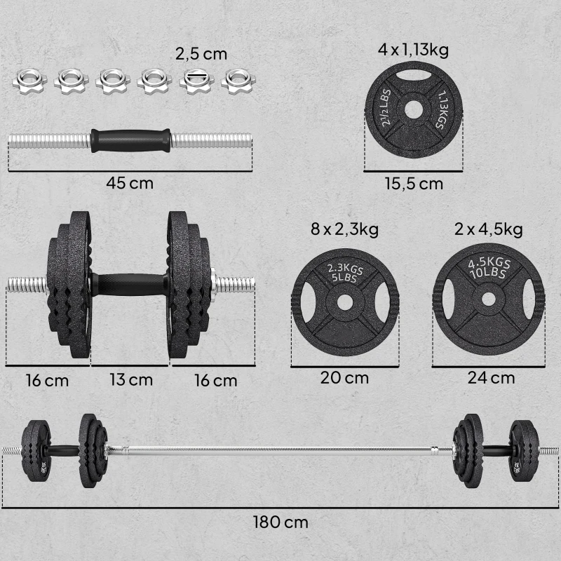 SPORTNOW Pesas para Gimnasio 2 en 1 de 42 kg con 14 Discos, Barra y Mancuernas, en Acero, 180x24x24 cm, Negro