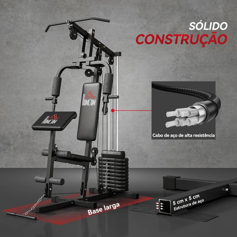 HOMCOM Máquina de Musculação com Pesos Ajustáveis de 45 kg, Press de Peito e Pernas, Polia 135x103x210 cm, Preto
