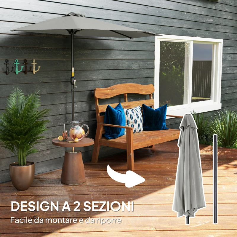 Outsunny Ombrellone da Parete Mezzaluna Salvaspazio con Apertura a Manovella, 2.7x2.4 m, Grigio Chiaro