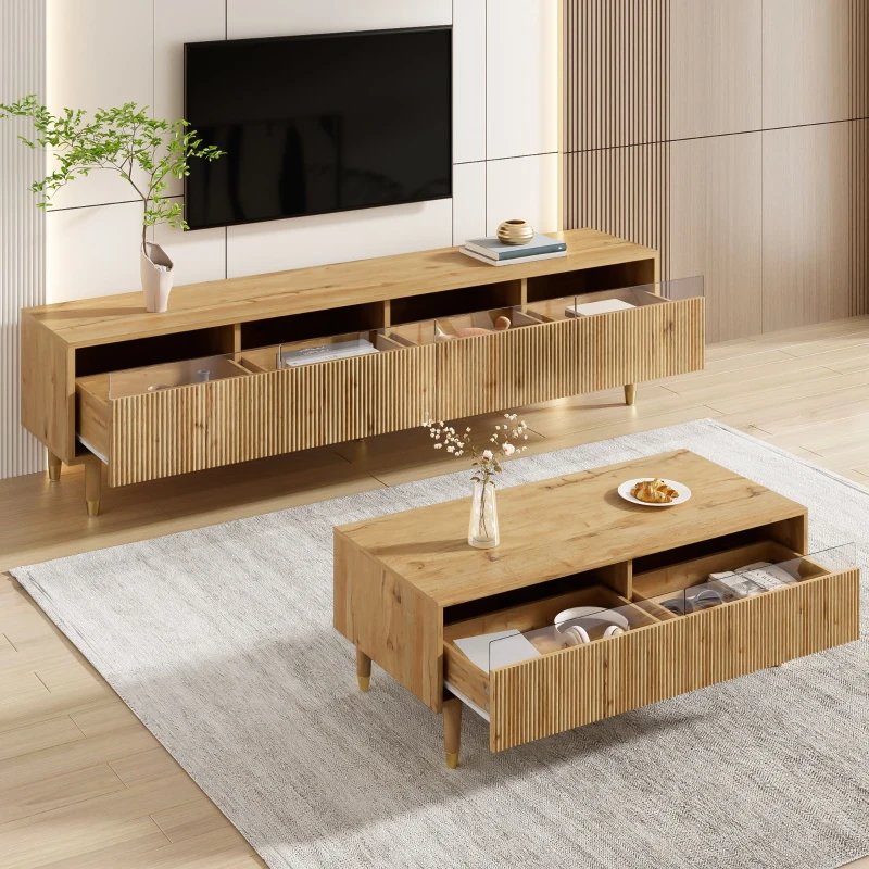 Ensemble de meubles LED moderne, meuble TV avec 4 portes & table basse avec 2 tiroirs, 178x35x45+110x50x40 cm, Couleur naturelle