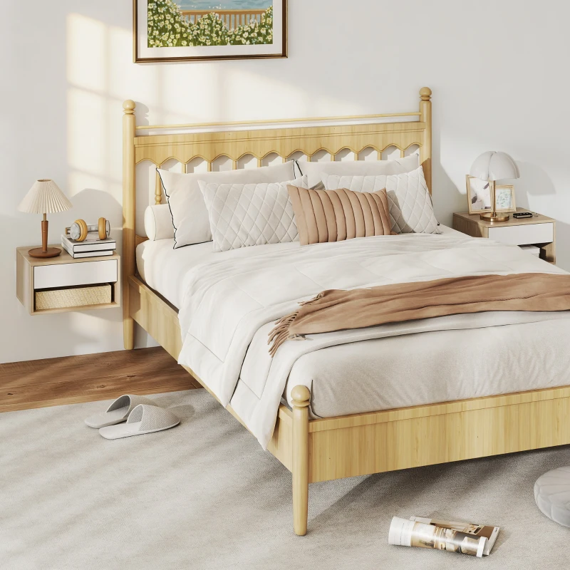 HOMCOM Lote de 2 mesitas de noche murales, mesitas de noche, cajón, compartimento abierto, tablero, 37 x 32 x 21 cm, madera natural