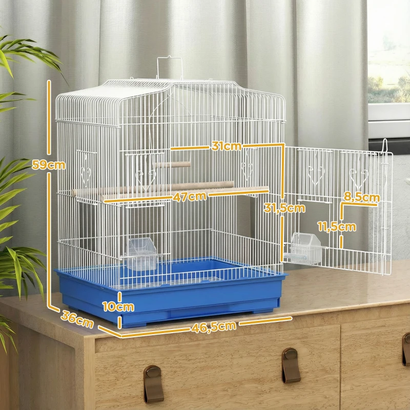 PawHut Gaiola para Pássaros Gaiola de Aço com 2 Recipientes 2 Poleiros Baloiço e Bandeja Removível Pega 46,5x36x59 cm Azul