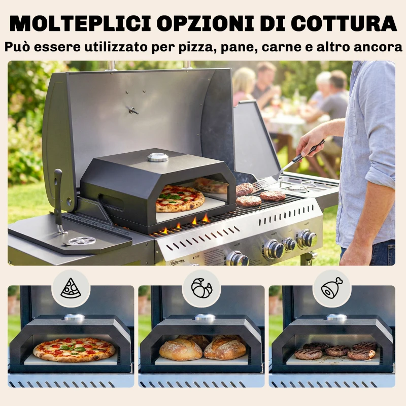 Outsunny Forno per Pizza a Legna Portatile con Pietra in Cordierite e Termometro, in Metallo, 53x40x18.5 cm, Nero