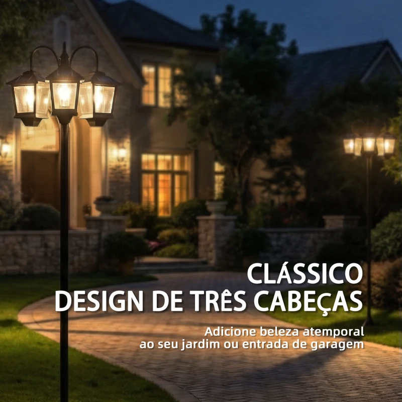 Outsunny Candeeiro Solar Exterior de Jardim em Alumínio com 3 Cabeças com Ligação/Desligação Automática IP44 40x34,5x188 cm Preto