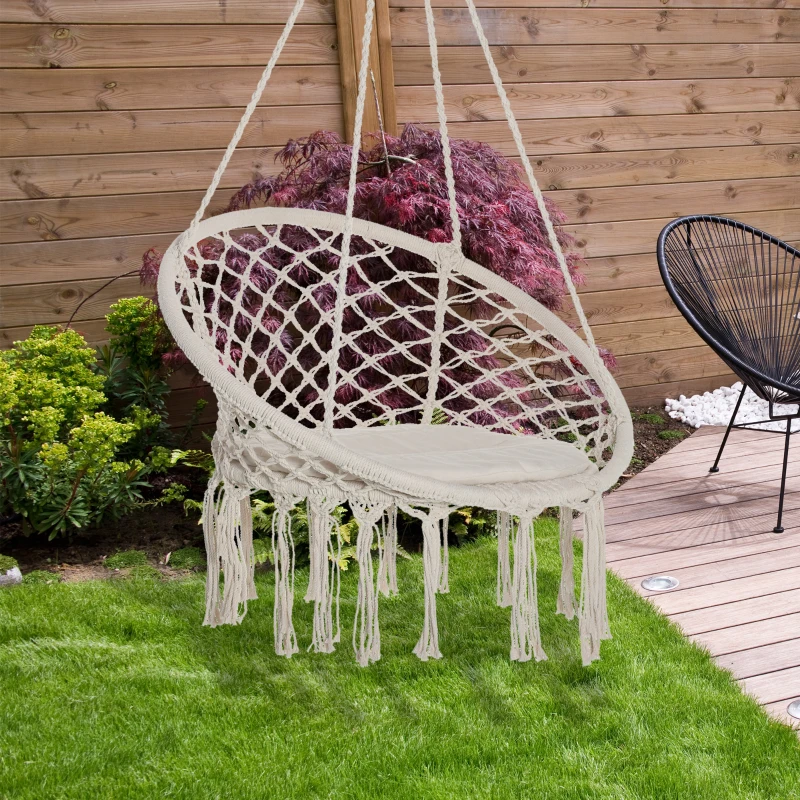 Outsunny Cadeira suspensa redonda Ø60 cm de rede de balanço com almofada e corda de algodão para interior e exterior 80x80x42 cm bege