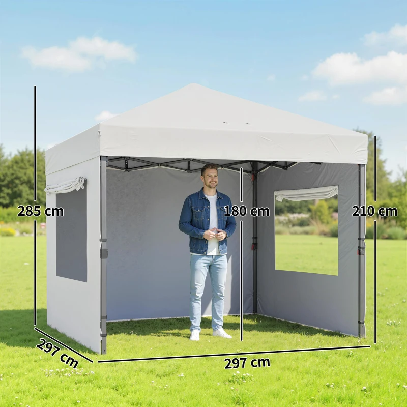 Outsunny Tenda Pieghevole Pop-up 3x3 m con 3 Pareti, 2 Finestre, Borsa per il Trasporto e Sacchi di Sabbia, Altezza Regolabile, UPF50+, Bianco