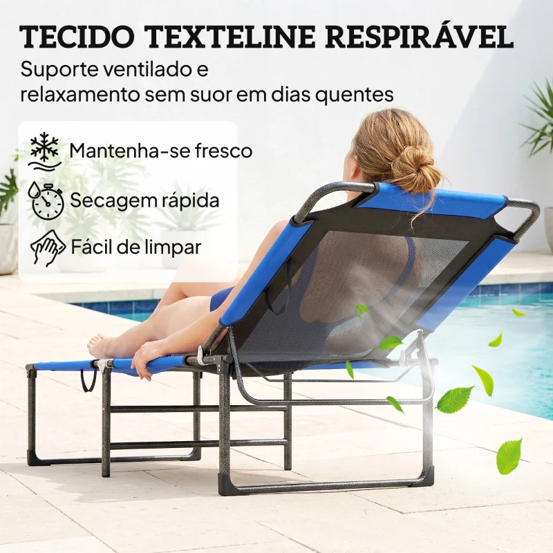 Outsunny Espreguiçadeira Dobrável com Encosto Ajustável em 4 Posições, Alças e Encosto de Textilene Suporta até 120 kg 175x58x68 cm Azul