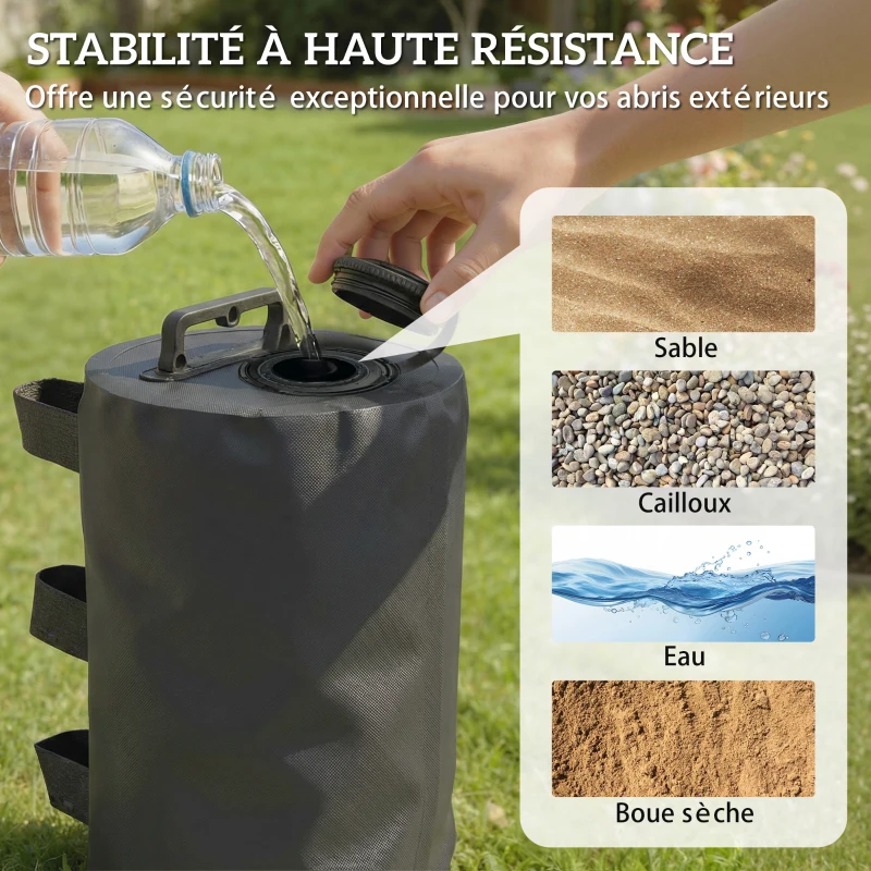 Outsunny Lot de 4 Sacs de Lestage pour Tonnelle, Sacs de Poids pour Tonnelle Remplis d'Eau ou Sable, Poignées de Transport, Noir