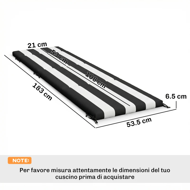 Outsunny Set 2 Cuscini per Sedie da Esterno con 6 Lacci di Fissaggio, in Cotone, 183x54x6.5 cm, Nero e Bianco