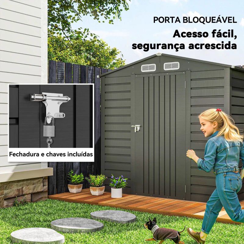 Outsunny Abrigo de Jardim 2,27 m² 190x131x188 cm com 2 Ventilações Porta com Fechadura para Armazenamento de Ferramentas Cinza