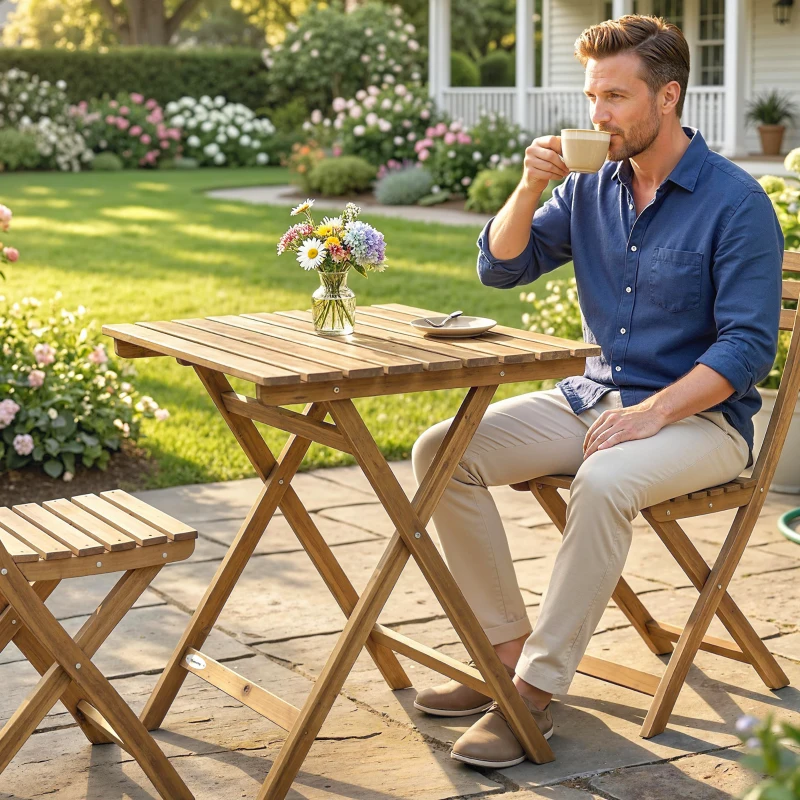 Outsunny Outdoor Coffee Table Foldable Wooden Garden Table for Patio Balcony Natural Wood