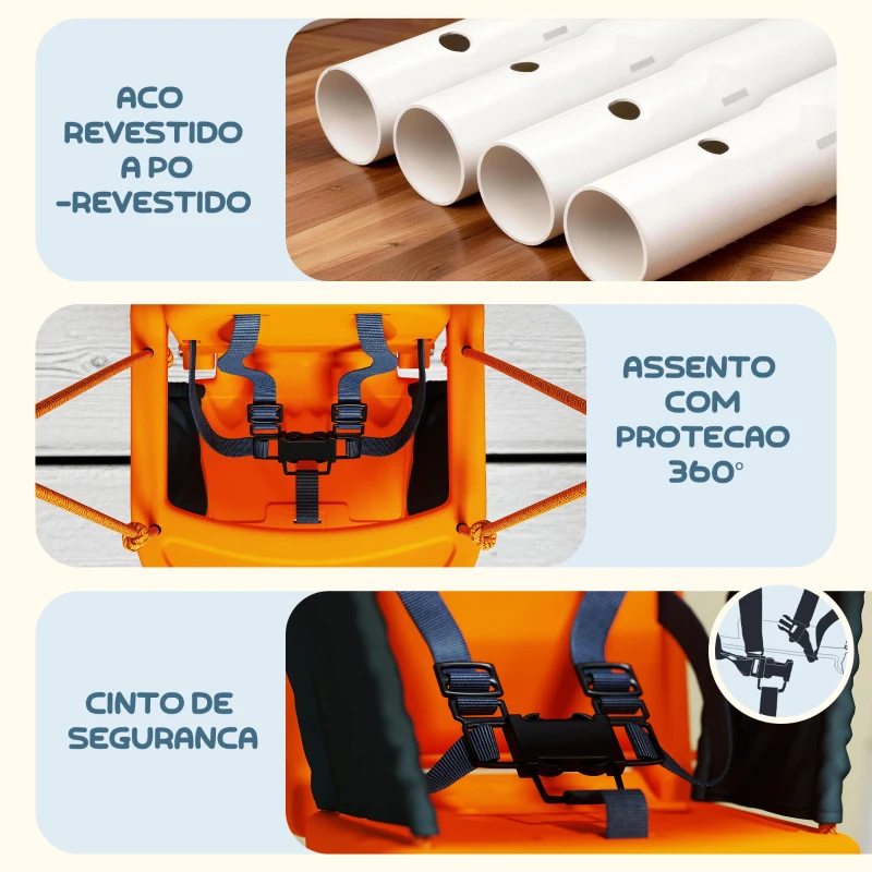 Outsunny Baloiço Infantil de Aço para Crianças dos 6 aos 36 Meses com Encosto Alto e Arnês de Segurança 122x146x122 cm Laranja