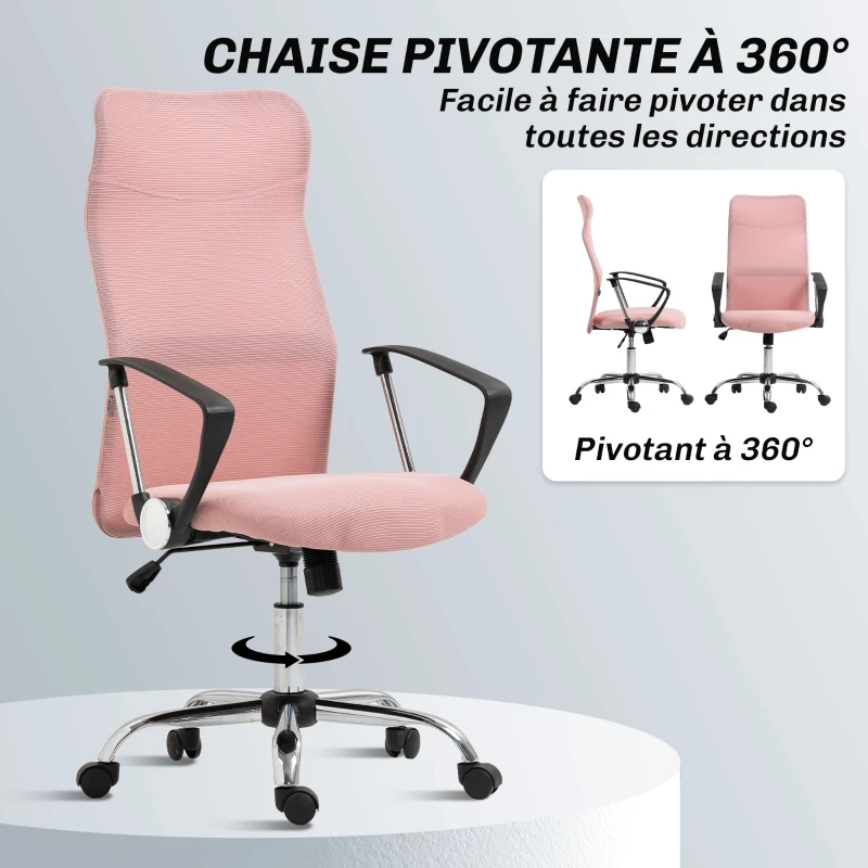 HOMCOM Fauteuil de bureau manager dossier ergonomique hauteur assise réglable pivotant tissu maille 63x65x119109-119cm rose