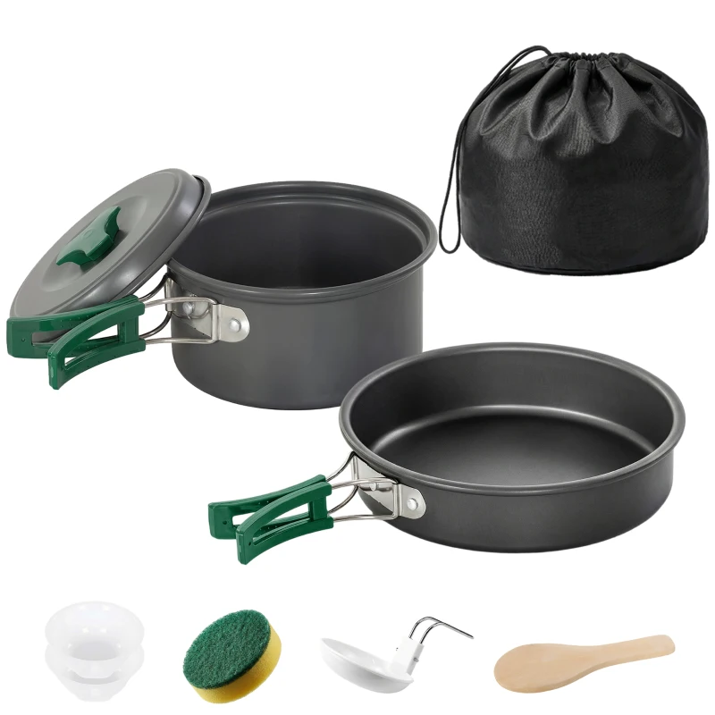 Outsunny 8-delig camping kookset - outdoor servies met anti-verbrandingsgrepen, snel verwarmende pan en koekenpan, grijs
