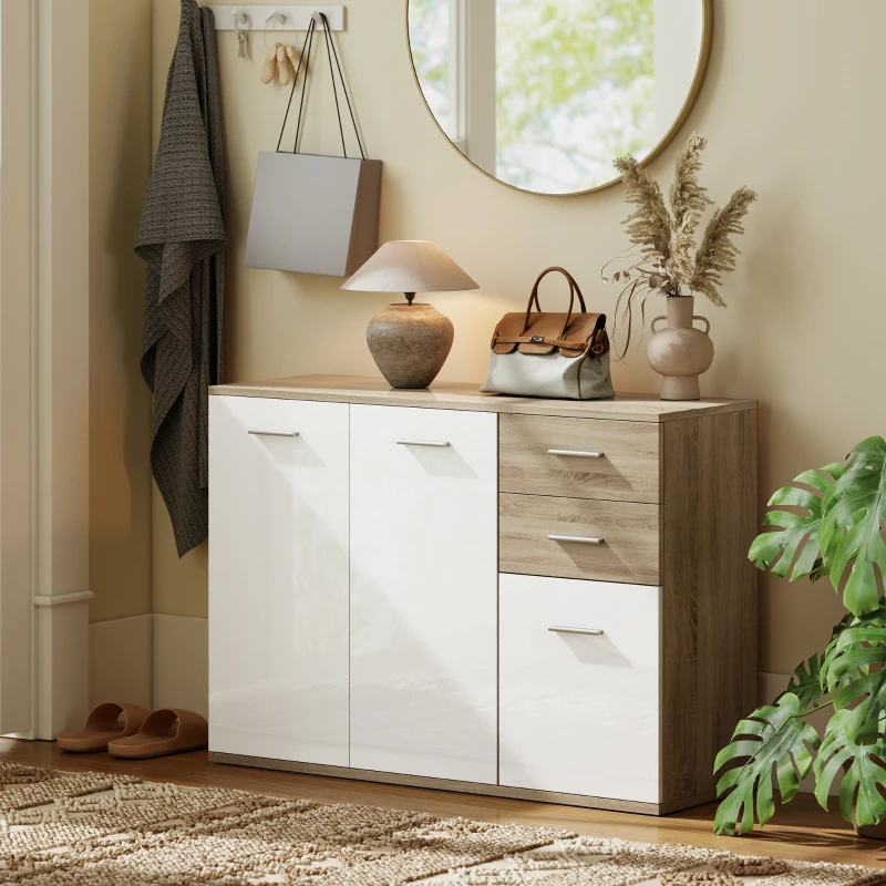 HOMCOM Aparador para salón, mueble de almacenamiento con 2 cajones, 3 puertas y estante regulable, 106 x 35 x 76 cm, blanco y madera natural